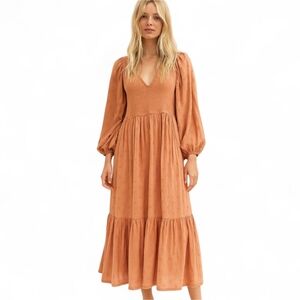 Old Navy Warm Hickory Smocked Prairie Midi Dress Puff Sleeve Boho‎ Sz M